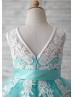 Turquoise Tulle Ivory Lace V Back Knee Length Flower Girl Dress 